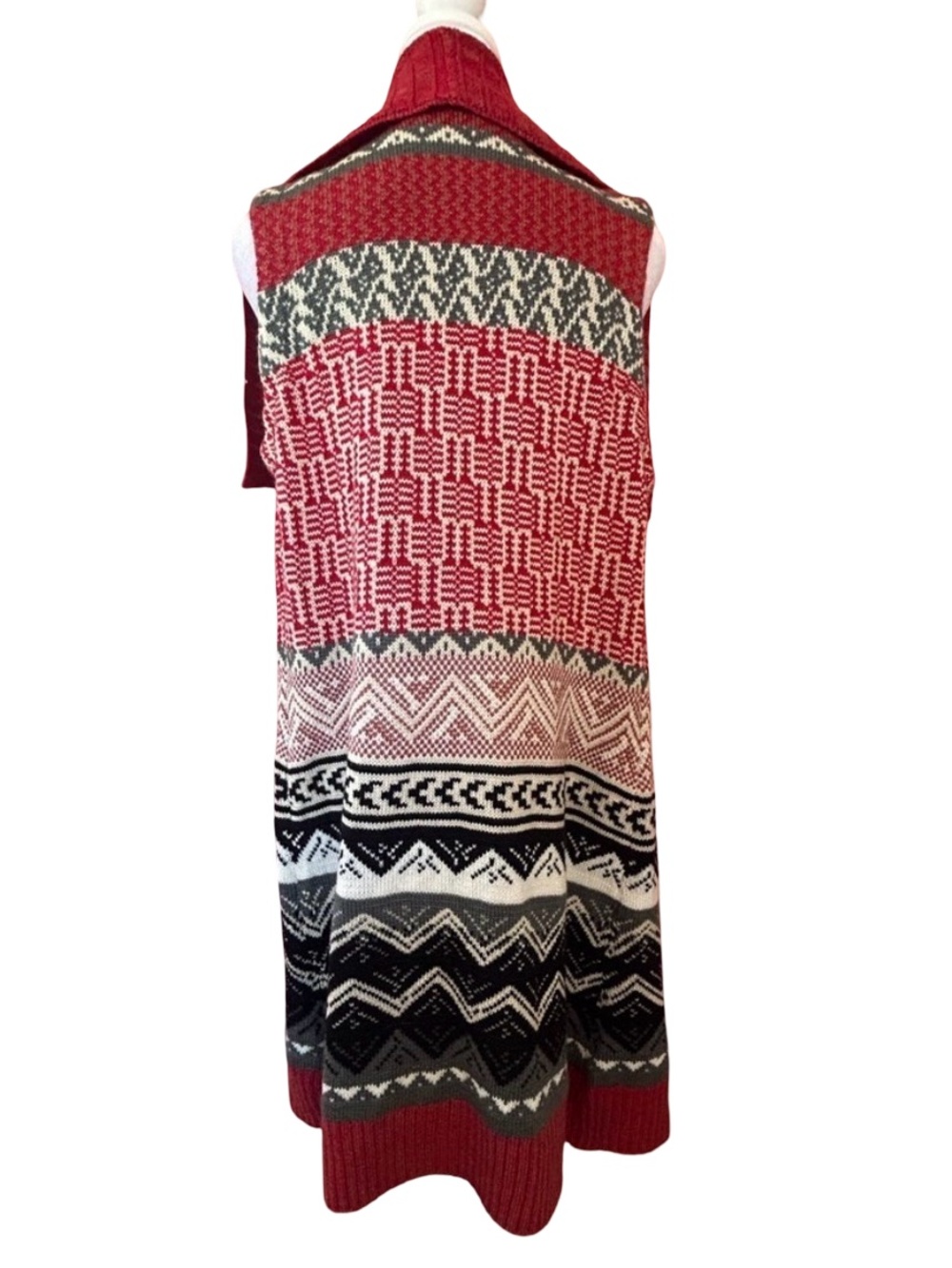 GH Bass Cardigan sweater vest Red Aztec Southwestern Open Front Long duster S - Picture 6 of 9